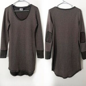 Kavu Brown Herringbone Sweater Dress Chevron Medium Elbow Patches Earthy Cozy